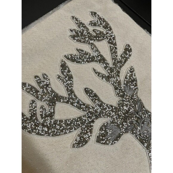 Pier 1 Christmas Reindeer Beaded Throw Accent Pillow White Silver Glitter 15" - Picture 3 of 11